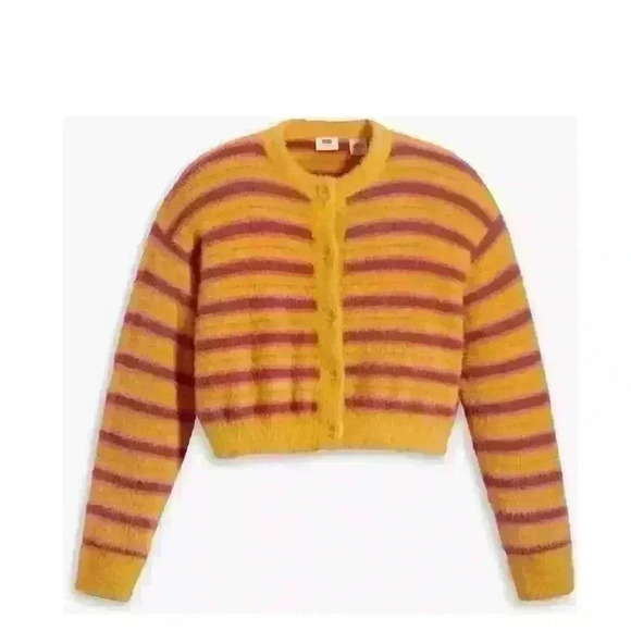 Levi's  Cat Cardigan Sweater Fuzzy Size M Orange Purple Stripes Button-up - Picture 4 of 9